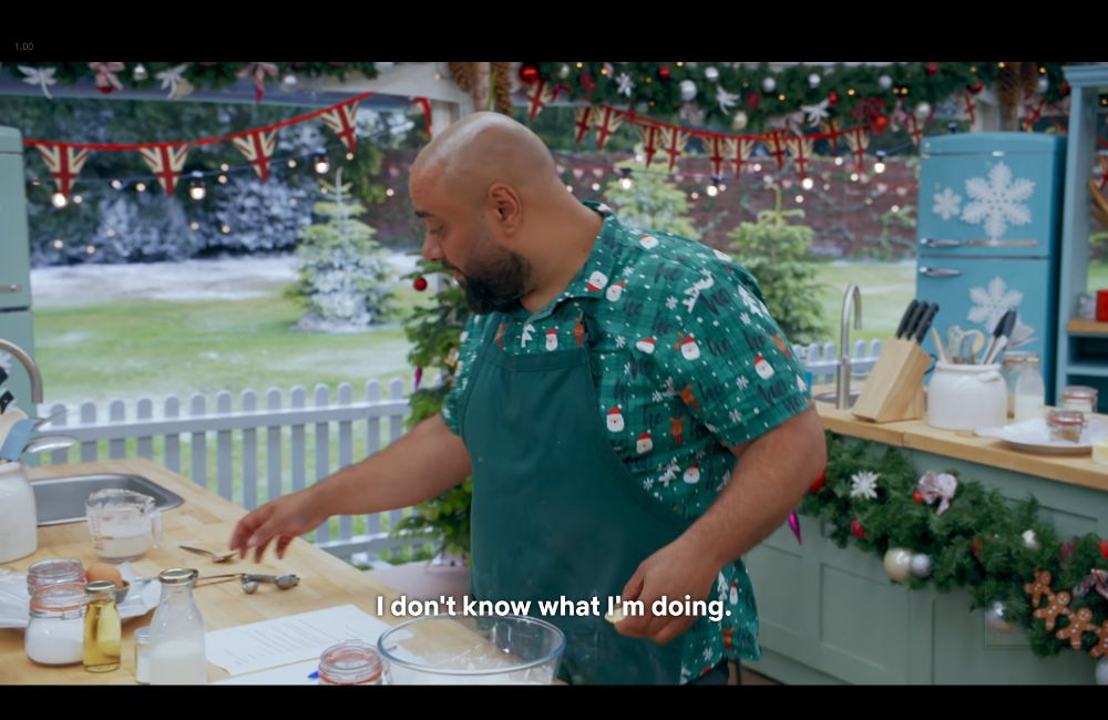 George saying "I don't know what I'm doing" on 'The Great British Baking Show: Holidays"