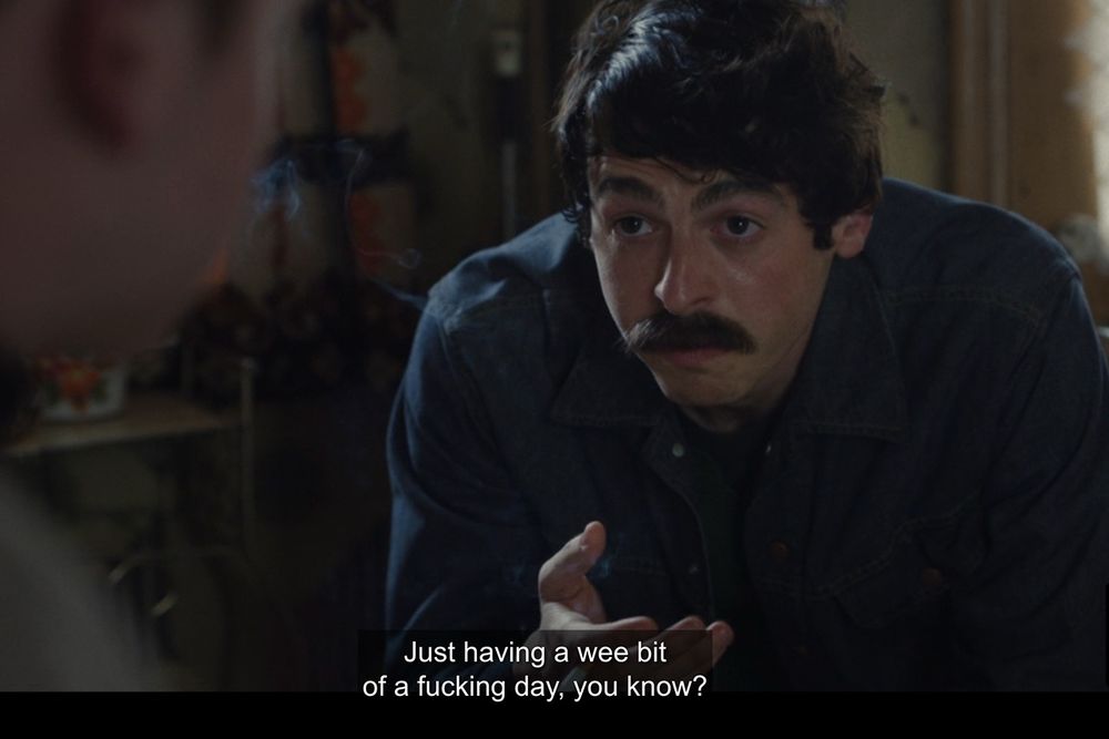 Anthony Boyle as Brendan Hunt in Say Nothing, saying, “Just having a wee bit of a fucking day, you know?”