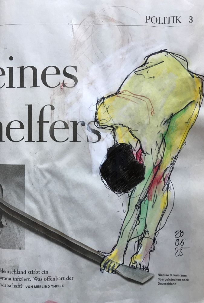 Sich langestreckt bückender weiblicher Akt, scheinbar nach einem überdimensionale Schraubendreher greifend, der den Artikel in Zeitung illustriert, Überschrift „… Helfers“