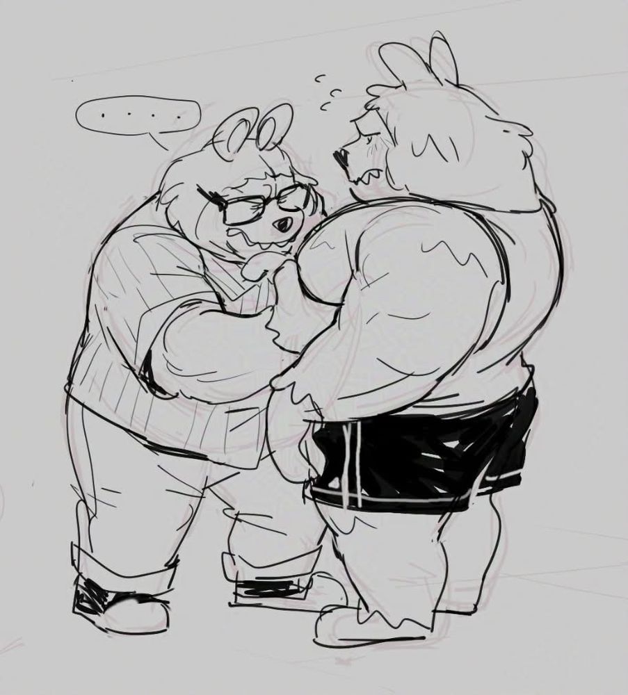 Clothed labubu inspecting the other labubu’s heavy soft pecs