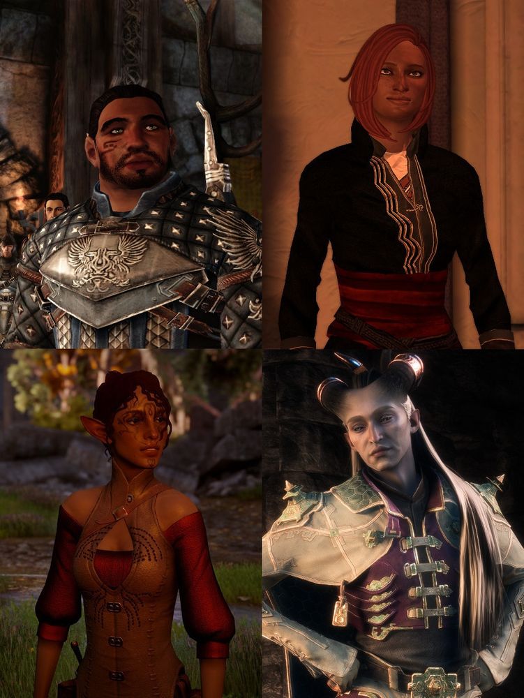going clockwise starting in the top left is korbin brosca - a casteless dwarven warden, ana hawke - a human warrior, mirwena lavellan - an elven rogue and aria ingellvar - a qunari mage