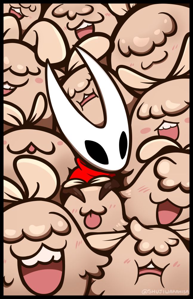 Hornet from Silk Song surrounded by the cute Flea Characters with various expressions 