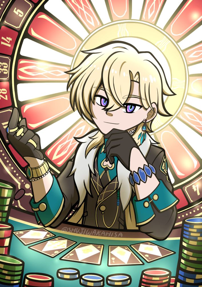 Aventurine from Honkai Star Rail he has a big casino wheel behind him and is sitting a desk with poker chips, in front of him are cards laid out in royal flush.