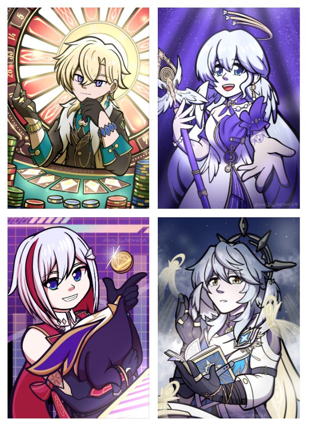Prints of the various Penacony Characters from Honkai Star Rail, top left is Aventurine with a casino background, top right is Robin in a sort of stage background reaching out her hand to the viewer, bottom left is Topaz with her Trotter friend the background looking very cyber esqe, bottom right is Sunday staring at the viewer while summoning small humanoid creatures of light