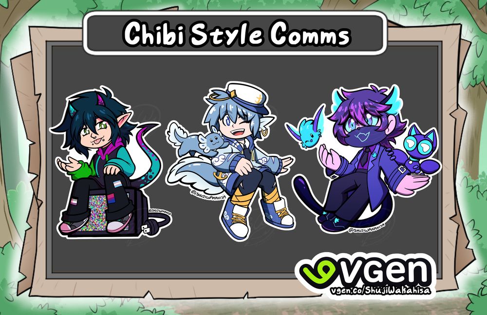 Chibi Style Characters drawn by Shuji! 
Characters from left to right are UndreadlyTV sitting on a TV going blep, SailorSchai with their chat mascot being a blue axalatol, and PheonixMasked and their two mascots pipzi the bird and cyan the cat 