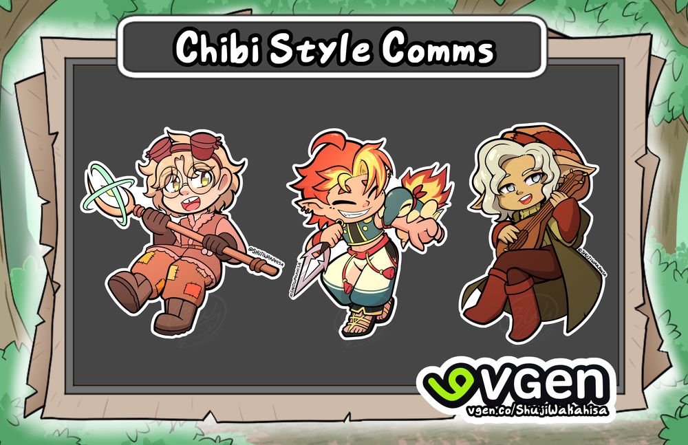 Chibi Style Characters drawn by Shuji! 
Characters are Dr. Axel O. Lotl owned by Lonely Ghost,  Redd owned by Oh_Ja_y, and Zinea owned by False Deity Comic