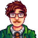 A portrait of Harvey, a character from Stardew Valley. He has brown hair and a moustache with a green jacket, white shirt and a brown tie. He wears glasses.