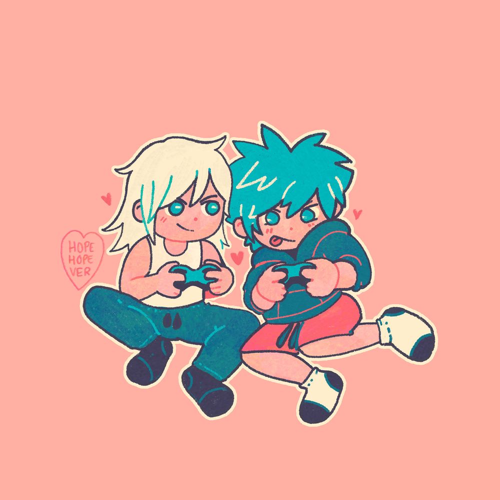 A digital drawing of Sora and Riku from Kingdom Hearts with their Kingdom Hearts 2 hairstyles. They are drawn in casual pajamas, Sora with a dark hoodie and shorts; Riku with a white tank top and dark sweats. They are sitting close to one another while playing video games. Sora looks concentrated on whatever game they're playing, his tongue stuck out in concentration. Riku is looking at Sora with a challenging smirk on his face. This is ship art drawn by hopehopever.