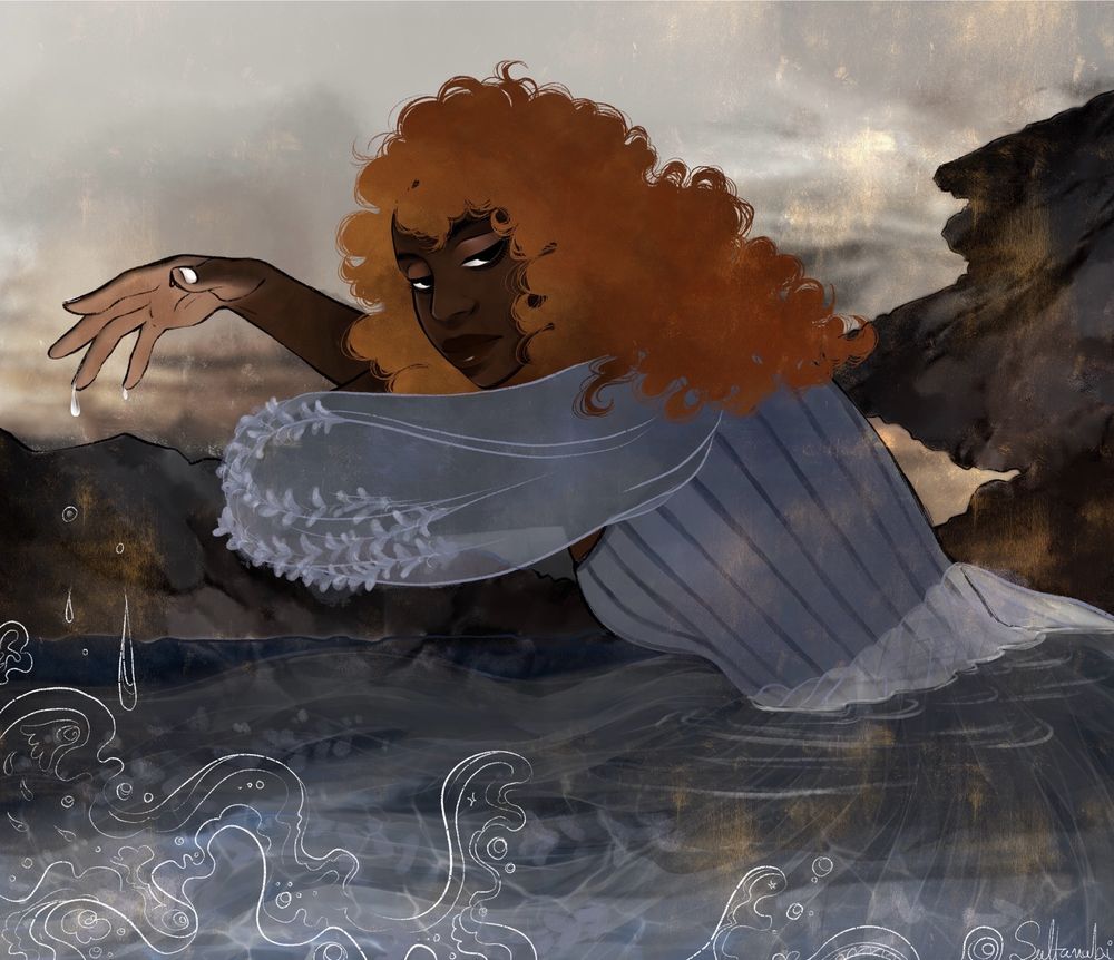 A female character turned half way facing you sitting in a pool of water with rough rock serving as the rim in a beautiful blue dress with puff dress. She has deep dark skin and bright reddish brown hair. Art by sulta.nabi on Insta 