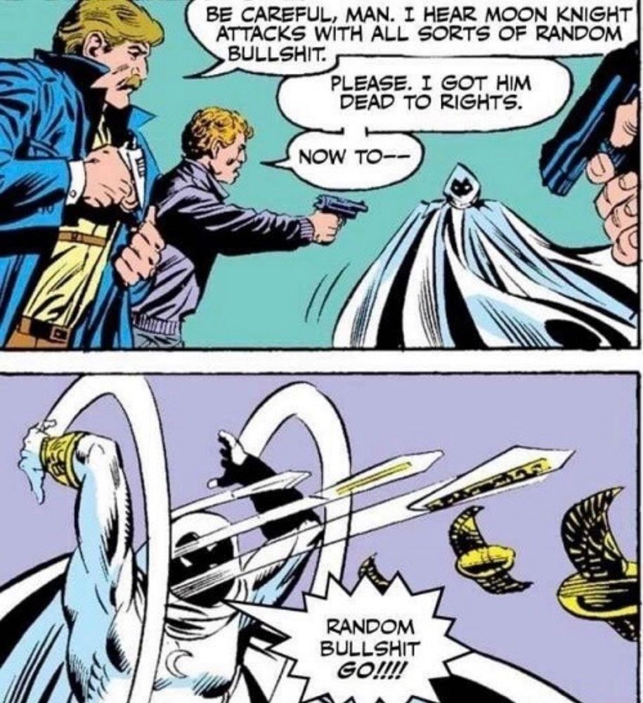 The Moon Knight “random bullshit go” panel