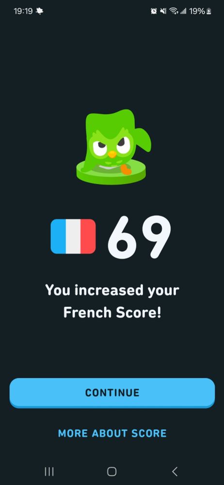 A status update from Duolingo stating my French score is now 69.