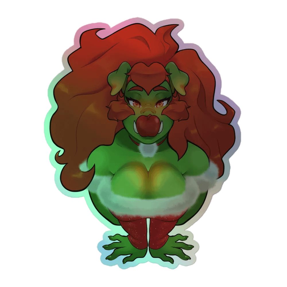 A holographic sticker of vtuber Porcbuns on her knees with an apple in her mouth, looking up at the viewer. She is wearing a low-cut, red holiday dress with white fur and a matching red collar with a white pom-pom.