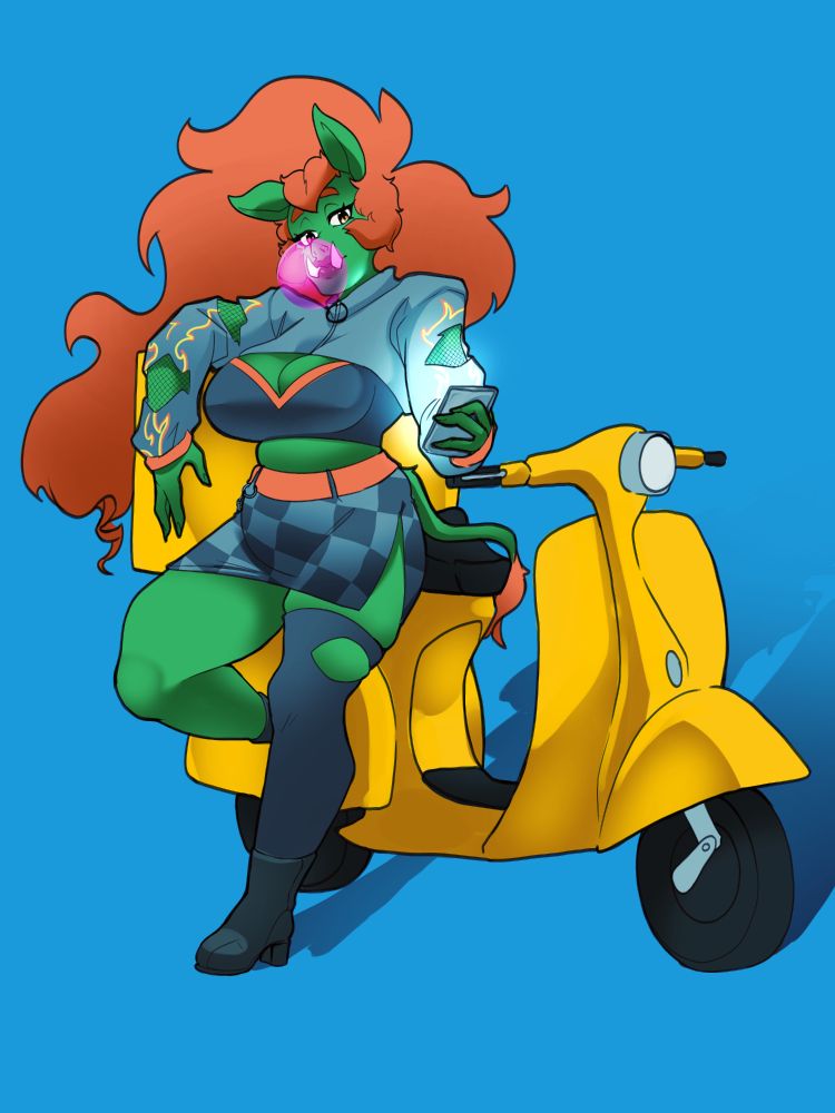 Vtuber Porcbuns leans on her yellow moped, dressed in an UnknownSpy outfit - a grey, ripped, cropped sweater with fishnets underneath, a black and orange crop top beneath, and a checkerboard-patterned skirt, along with uneven, ripped thigh-high socks. She is staring at her phone, waiting for a ButaKing order to come in while blowing a bubble of chewing gum. 