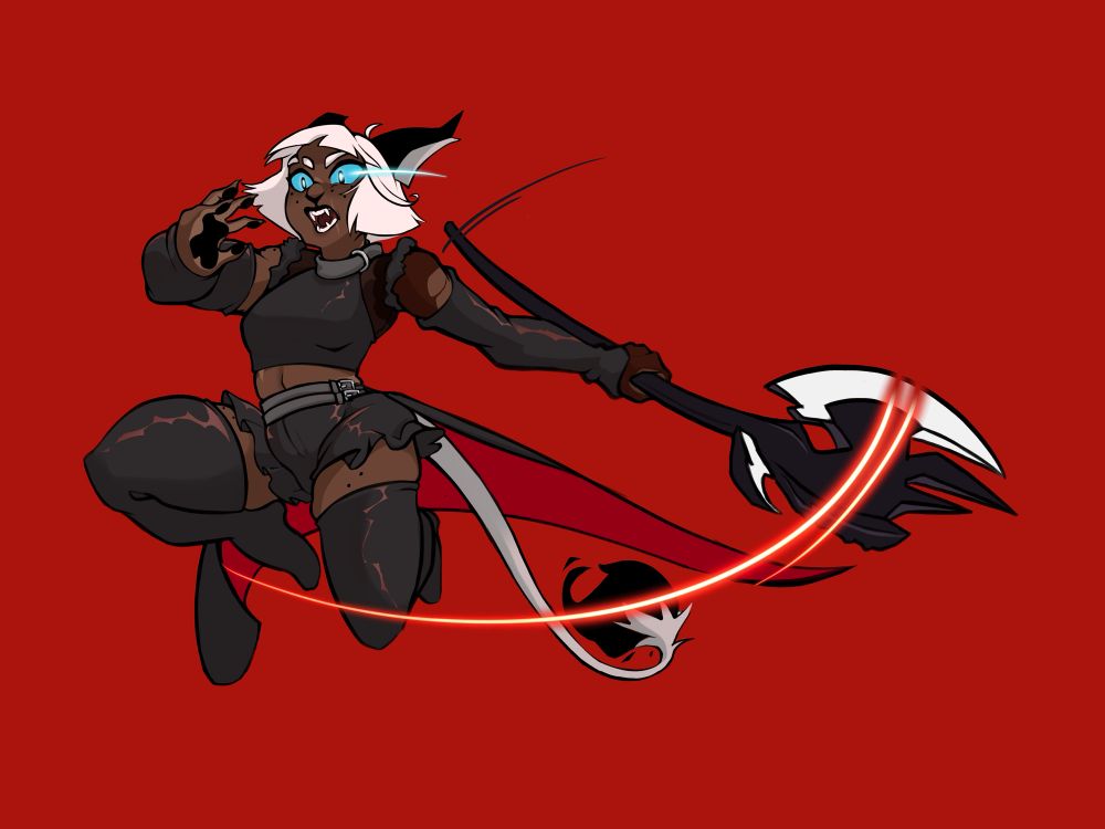 Vtuber and Artist BatbugDoodles’ Miqo’te A’Mirah dressed in UnknownSpy’s Dressuptober outfit #19. Their outfit is mostly black, with a pop of red under a cape attached to their hips. Their face is set in a battle cry as they leap through the air, swinging a large axe against a bright red background. 