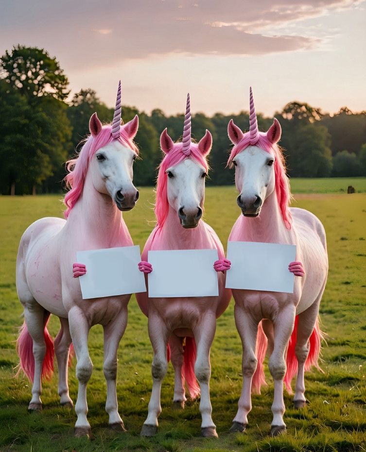 3 rosa Einhörner halten 3 leere Schilder in ihren Händen
