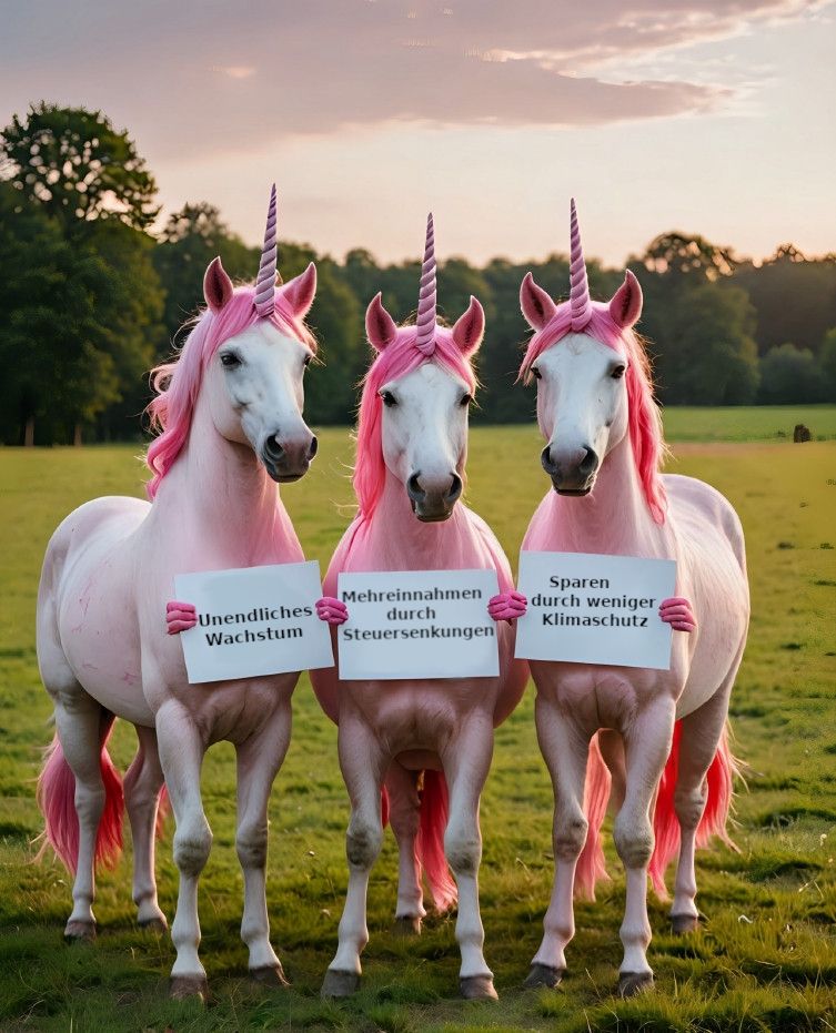 3 rosa Einhörner halten 3 Schilder in ihren Händen:

Unendliches Wachstum
Mehreinnahmen durch Steuersenkungen
Sparen durch weniger Klimaschutz