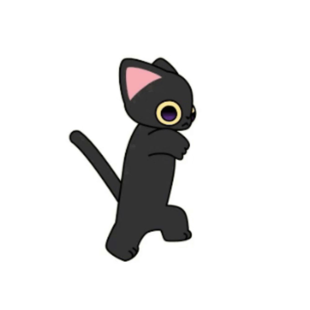 a black cat with pink ears and paws is standing on its hind legs on a white background .