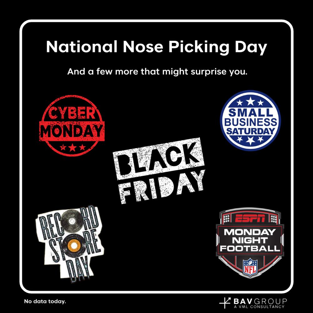 National Nose Picking Day
And a few more that might surprise you.
Logos of: Cyber Monday, Small Business Saturday, Black Friday, Record Store Day, and Monday night football