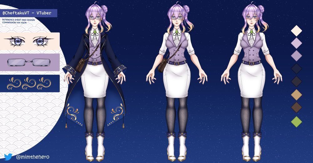 Female Design for Cheftaku including cloak on, cloak off, and glasses off. 