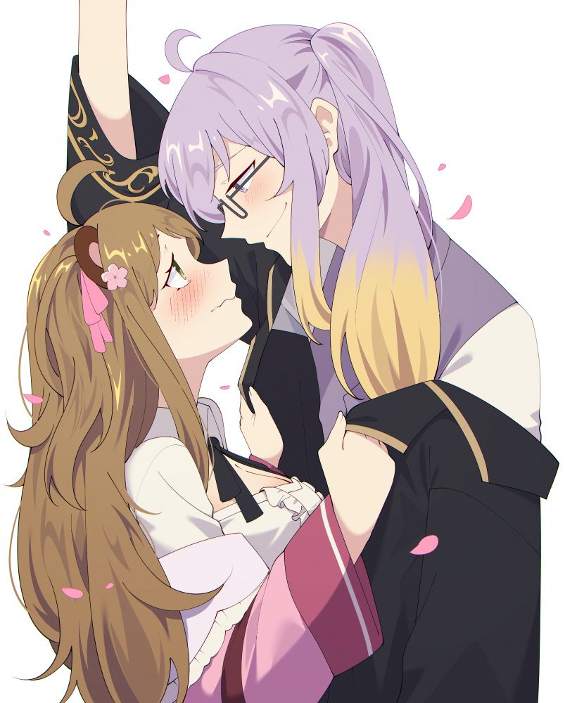 Cheftaku doing a wall slam on Berrydumb while she holds his coat falling off his shoulder. They stare into each other's eyes with a blush on their faces. 