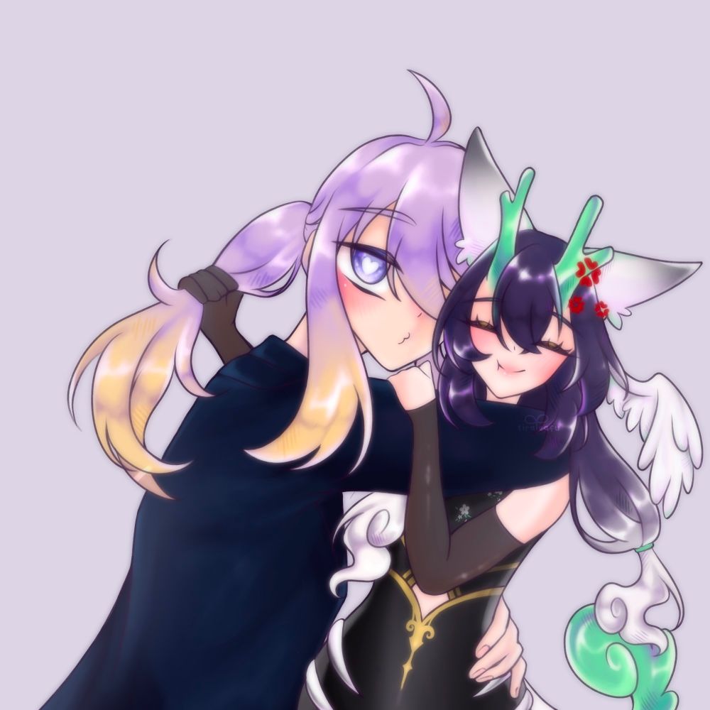 Art by Tiraleafu

Art depicts Cheftaku, with heart eyes and a kissy face, hugging BaiZeMim while they are annoyed and pulling his hair to get him off of them.