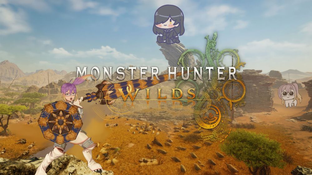 monster hunter wilds promotional screenshot, but chef with a tigrex lance replaces the original hunter in the art. 

rachel sits upon a hill in the distance, and yippee chef also stands in the distance between 2 hills