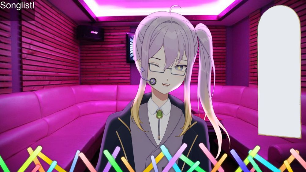 Cheftaku in his karaoke room with the giant glowing bright chat box next to him and a few glowsticks at the bottom of the screen.