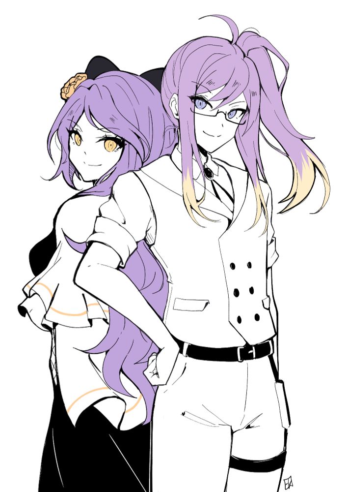 Chef and Maina standing back to back looking towards the camera with confidence. only their hair, eyes, and maina's flower are coloured in as the rest is either black or white.