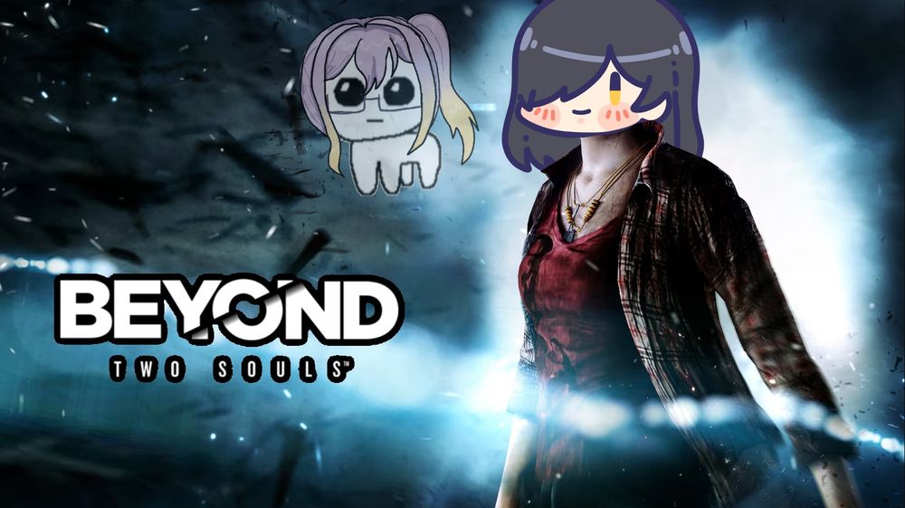 Beyond two souls cover art, but with rachel's head on top of elliot page, and a faded chef yippee creature in the background. 