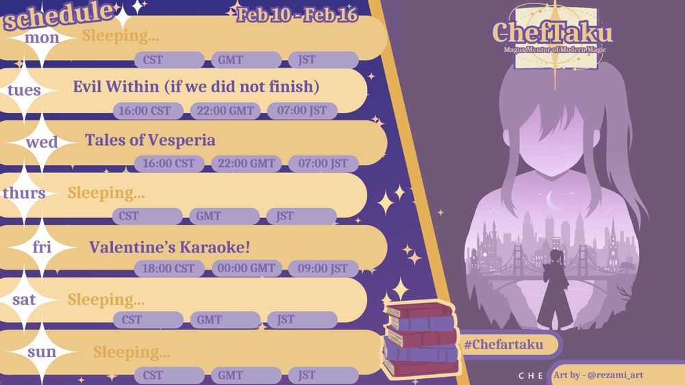 Cheftaku schedule for week of Feb 10 - 16

Mon - nothing
Tues - Evil within
Wed - Tales of Vesperia
Thurs - nothing
Fri - Valentine's Karaoke
Sat - nothing
sun - nothing

Art by rezami_art