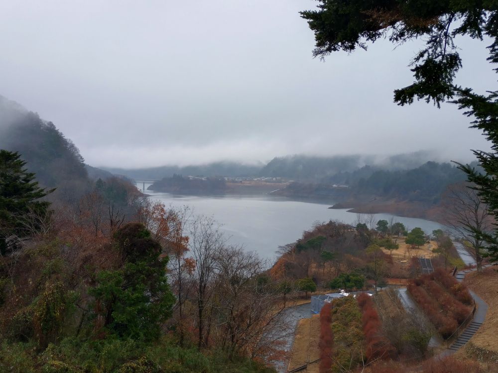 朝の霧がかかるダム