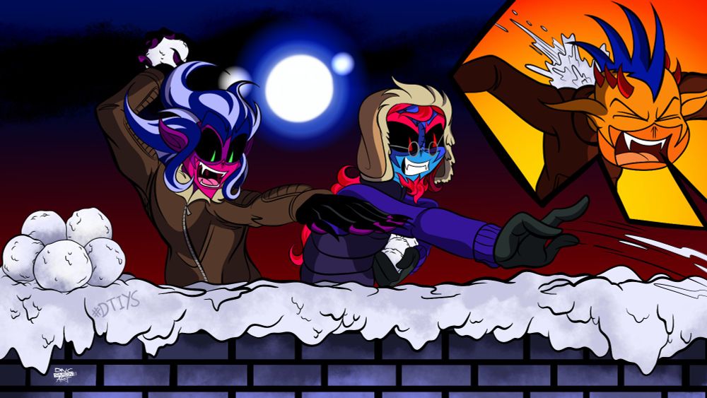 Malevolent Samson and Pagan Thorn throwing snowballs at Gibbon in the head!