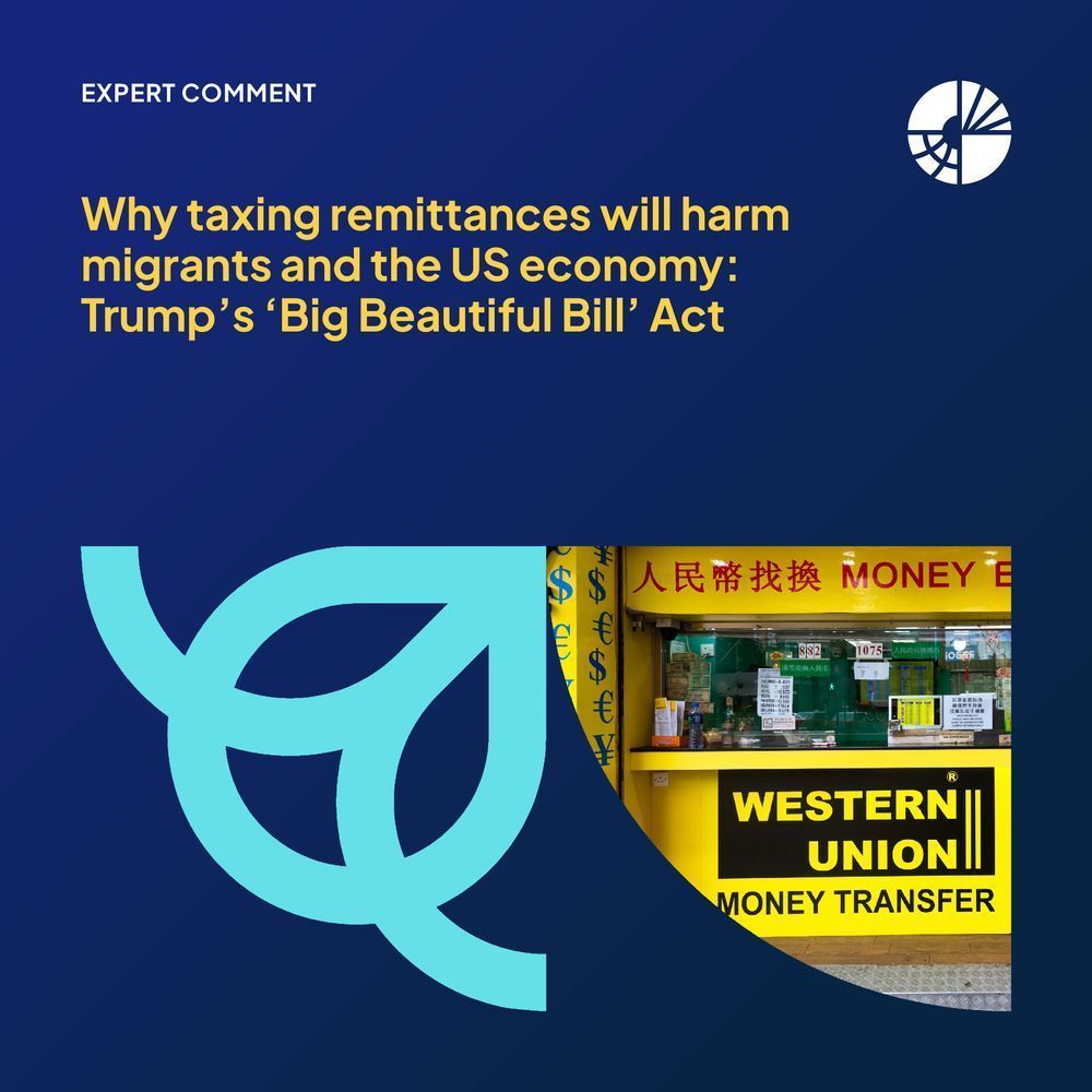 A photo of a Western Union office in Hong Kong city centre, and the title of a new ODI Global blog - Why taxing remittances will harm migrants and the US economy: Trump's 'Big Beautiful Bill’ Act
