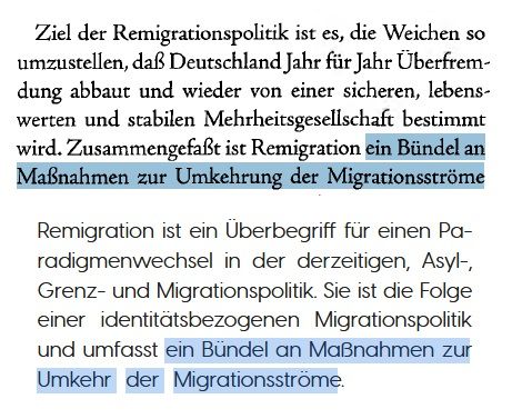 Text on top (Sellner): "Ziel der Remigrationspolitik ist es, die Weichen so
umzustellen, daß Deutschland Jahr für Jahr Überfremdung abbaut und wieder von einer sicheren, lebenswerten und stabilen Mehrheitsgesellschaft bestimmt wird. Zusammengefaßt ist Remigration ein Bündel an Maßnahmen zur Umkehrung der Migrationsströme"

Text on bottom (FPÖ): "Remigration ist ein Überbegriff für einen Pa-
radigmenwechsel in der derzeitigen, Asyl-, Grenz- und Migrationspolitik. Sie ist die Folge einer identitätsbezogenen Migrationspolitik und umfasst ein Bündel an Maßnahmen zur Umkehr der Migrationsströme."