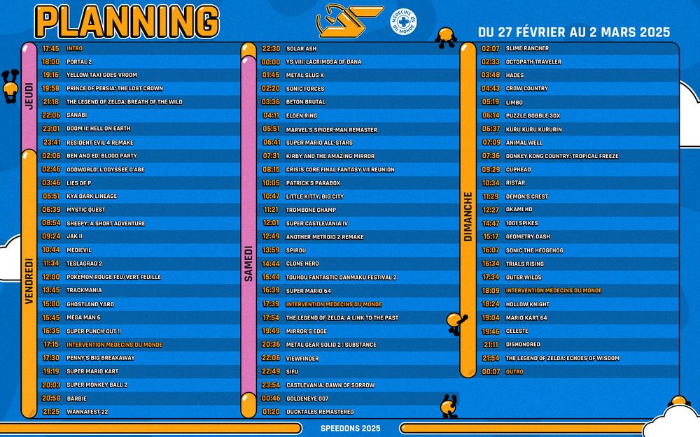 Visuel du planning de SpeeDons 2025.
Toutes les infos sont disponibles à l'adresse suivante : https://oengus.io/