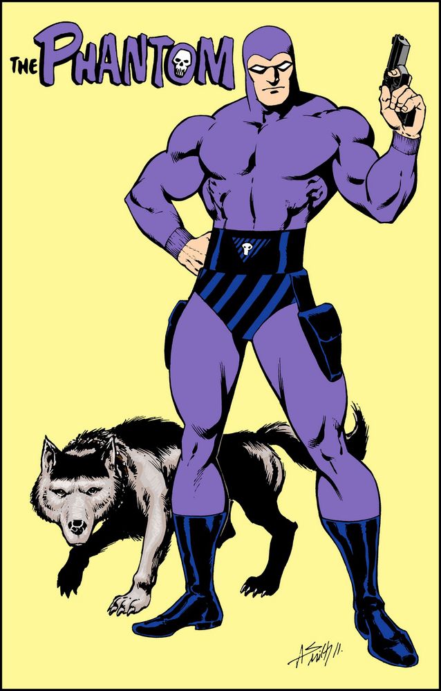 A cartoon figure in a purple skintight bodysuit. He has blue and black diagonally striped underpants on over his bodysuit. He is wearing black boots. His hair is covered by the suit and his eyes are covered by a mask. He is holding a gun and by his side is a wolf.