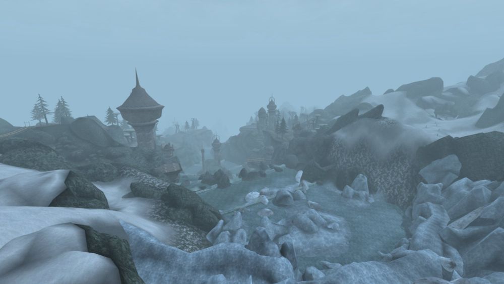 The river's glacial font is quiet as snow collects just outside its basin. Further down the Dwemer ruins of Hendor-Stardumz and its subterranean machinery continue to creak as they has for ages.