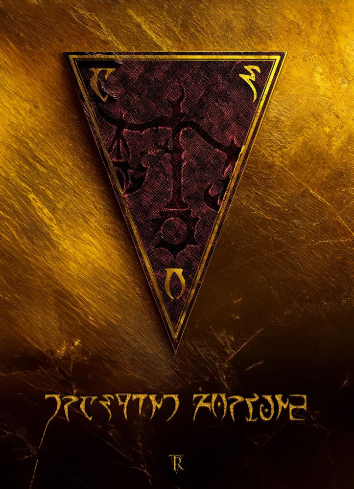 A decadently gold splash screen with the classic Morrowind Almsivi triangle enclosing the House Hlaalu scales colored in dark mauve. Detailed in Daedric text below is Grasping Fortune with the Tamriel Rebuilt logo resting beneath.