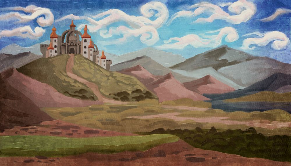 A canvas depicting a distant stylistic view of Wayrest from the elavated regions of the Reach to the Northeast. It's sitting atop a hill with lowlands in the foreground. Description for the rendition in the play is as follows

"Act III, Scene I
In the Northern Wilderness of the Reach the army of Wulfharth encamped east of High Rock, the army prepares for the move. "