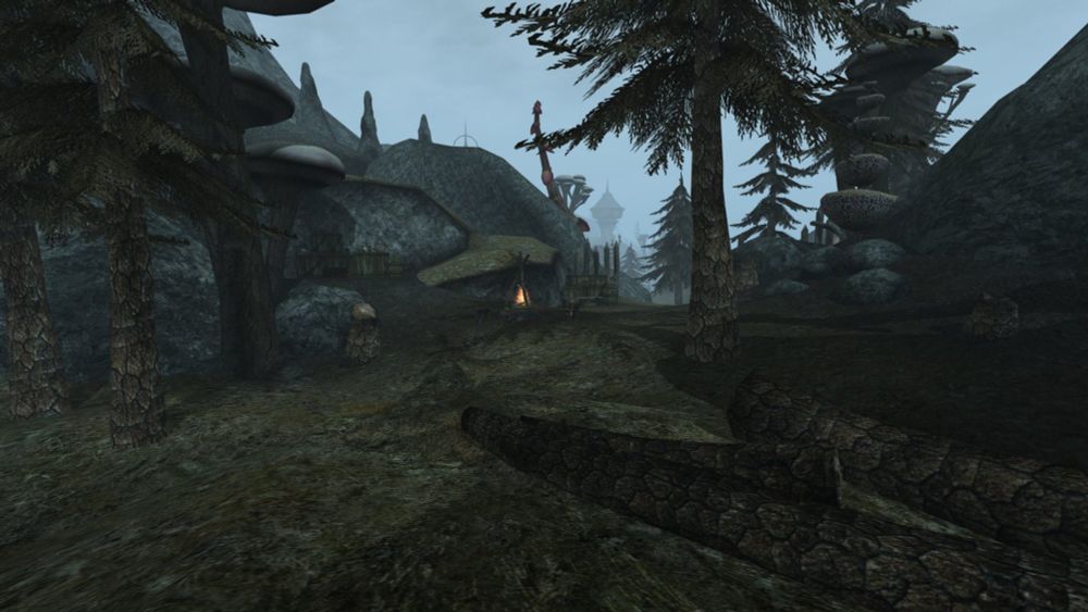 Lumber, hearty conical mushrooms, and stoic pines rest before a small camp and it's fire. Lonely Dwemer towers loom downhill in the background.