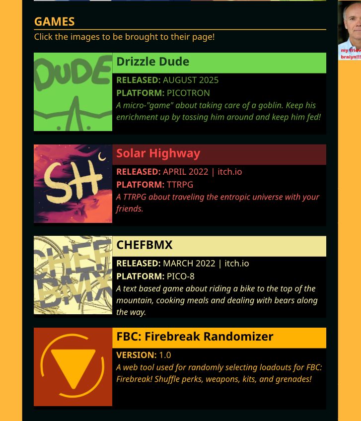 a screenshot of the works page on my website showing drizzle dudec solar highway, chefbmx, and a randomizer