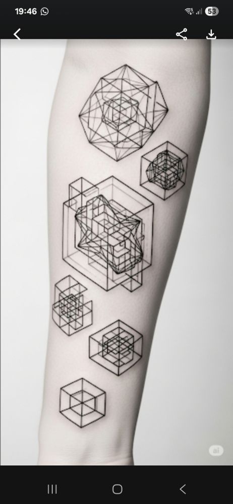 Zum 3. Entwurf bat ich ihm 4-D Würfel zu ordnen und diese tat er mit mehreren unterschiedlich großen 4-D gebilden, die zT aus der Würfelform hinaus gehen. Sieht aus wie mehrere Bubbles mit 3-10 4D-Würfel ineinander geordnet.