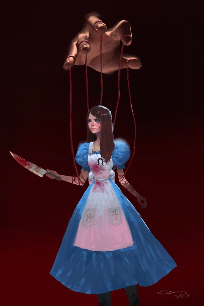 American McGee’s Alice being puppeteers by a giant hand as she is wields her vorpal blade. She is dressing in her iconic blue dress and white apron with long brown hair parted down the middle. 