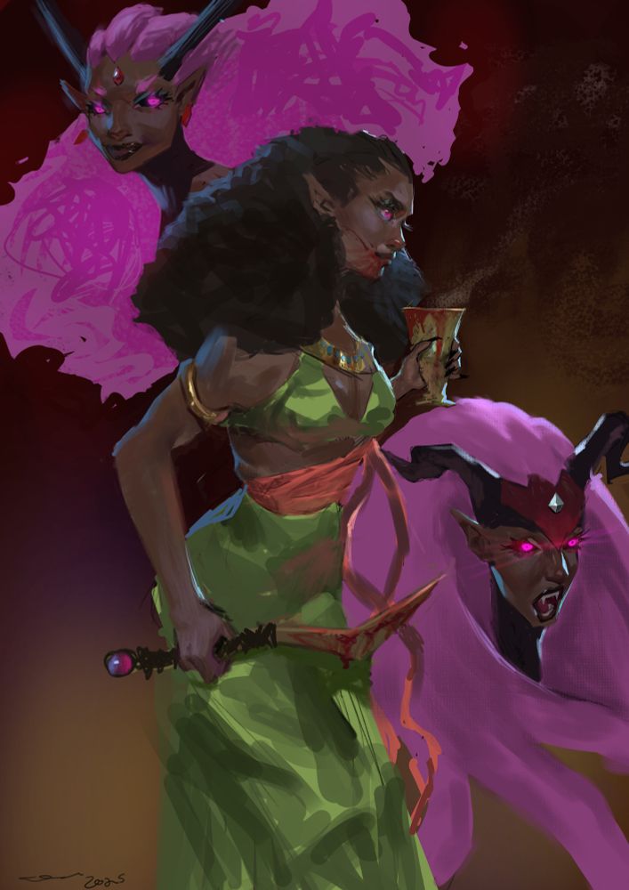 Drolta from Castlevania Nocturne in 3 forms. In the middle image she wears draped green and orange garbs. In the tope left she is in full vampire form with pink flames as hair, and in the bottom right she is in her night creature form, flashing her fangs. 