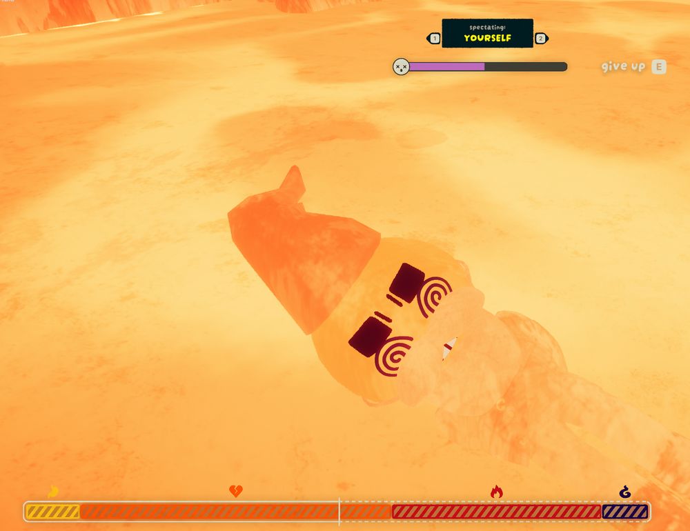 a PEAK player dying in lava wearing a gnome costume