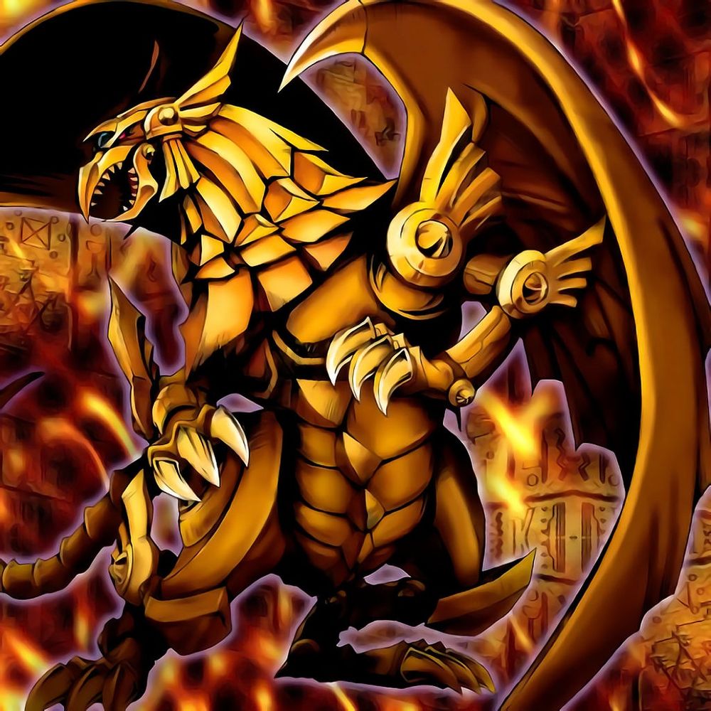 Art of the yu-gi-oh card, Winged dragon of Ra. The art depicts a pure gold, birdlike dragon looking to the side. Its wings are as big as its body, and the head shows red eyes and a beak. 