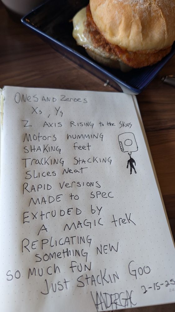 Ones and zeroes
Xs, Ys 
Z axis rising to the skies
Motors humming
Shaking feet 
Tracking stacking 
Slices neat
Rapid versions
Made to sped
Extruded by a magic trek
Replicating 
Something new
So much fun
Just stackin' goo