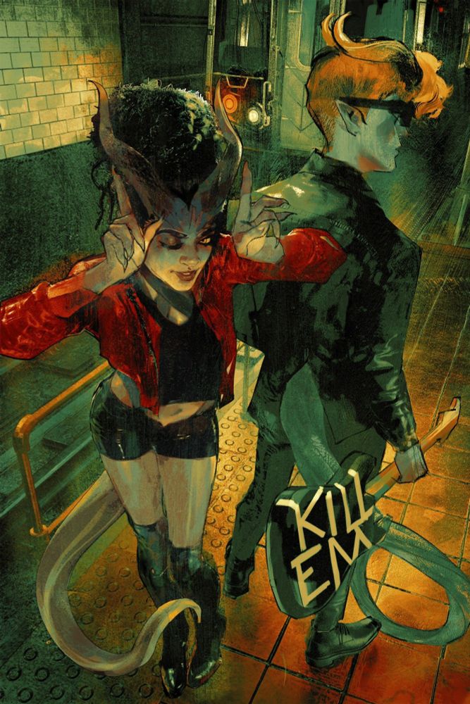 two urban fantasy tiefling musicians posing cutely on a subway platform as the train rolls up