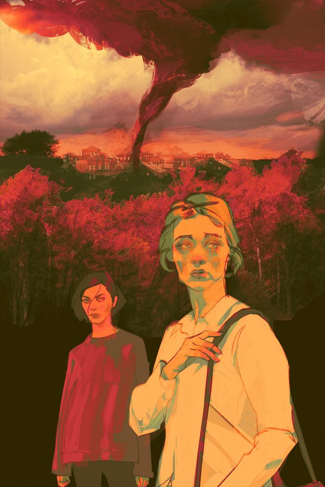two young women in front of a a forest and a town in the distance under seige from a tornado. very autumnal