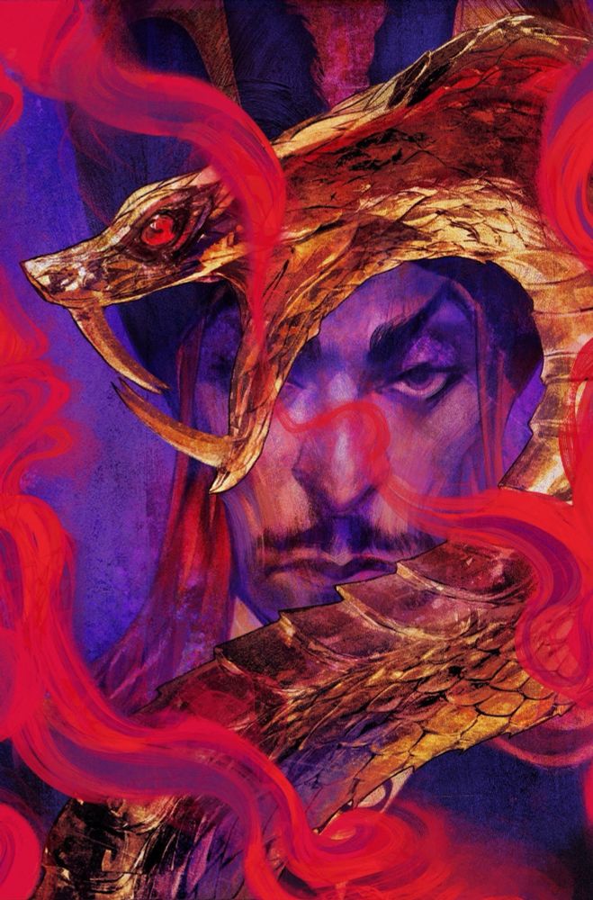 Jafar portrait painting framed by golden snake staff